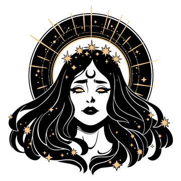 beautiful face woman with fluttering hair in a golden crown of stars with a halo
