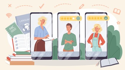 Vector cartoon flat teacher and pupils,students characters study language,do the test on screen mobile phone devices-distance online education concept, various school supplies,symbols,images