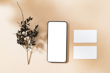 Flat Lay mockup of smartphone with blank screen and business cards on color background