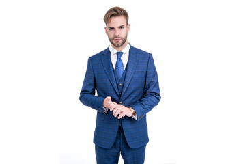 Speaker wear fashion blue suit with necktie in formal business style formalwear, classy