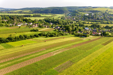 Fototapeta na wymiar Aerial view of a small village win many houses and green agricultural fields in spring with fresh vegetation after seeding season on a warm sunny day.