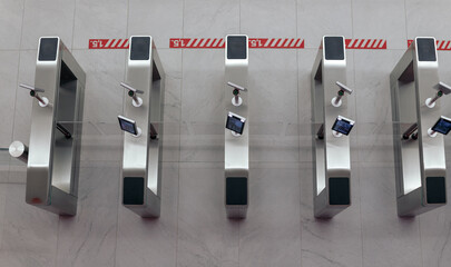 Top view of electronic turnstile gate, access system to the building