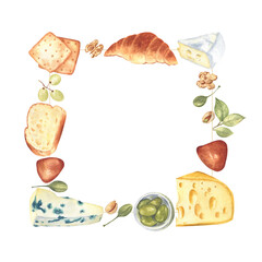 Square frame of cheese, croissant, nuts, olives, capers, buns, bread, crackers and grapes on white isolated background. Watercolor illustration. Nice for restaurants decor.