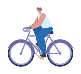 man over a purple bycicle on a white background