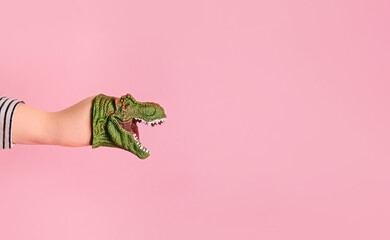 Kid hand wearing funny dinosaur puppet doll on pink background. Dinosaur toy growls roar and...