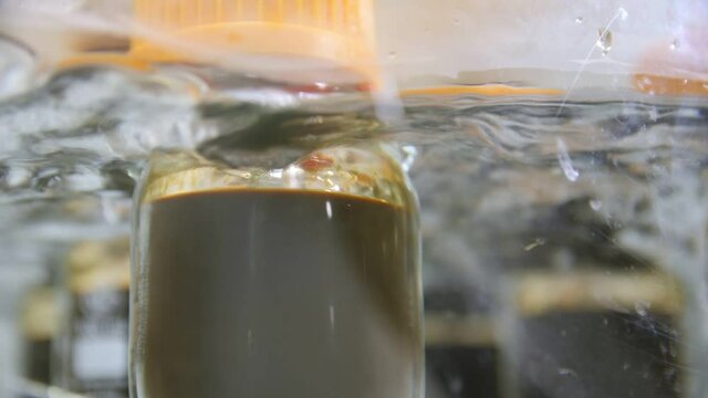 Bottles with brown liquid in container with boiling water