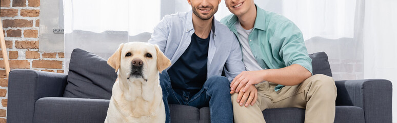 cropped view of same sex couple sitting on sofa near dog, banner