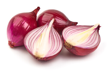 Red onion bulbs with halves, isolated on white background