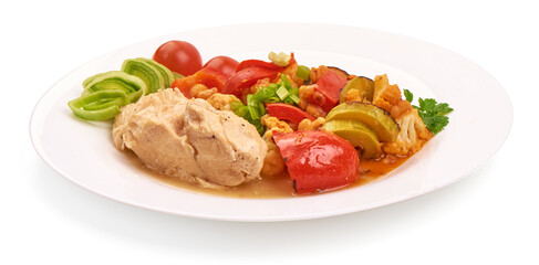 Chicken and vegetables stir fry, wok food, isolated on white background