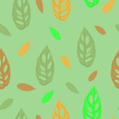Seamless pattern of colored leaves on a pastel green background. Template for printing on textiles, fabric, bedding, wrapping paper, wallpaper. Vector illustration.