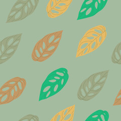 Fototapeta na wymiar Seamless pattern of colored leaves on a pastel green background. Template for printing on textiles, fabric, bedding, wrapping paper, wallpaper. 