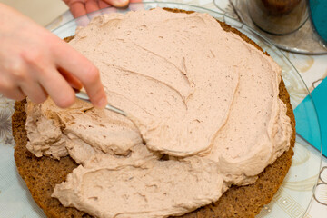 Working process of baking cake at home. Close up of female hand topping cream on chocolate biscuit. Culinary and delicious dessert concept.