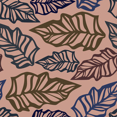 Abstract elegant seamless pattern of lined botanical floral motifs leaves in brown tones