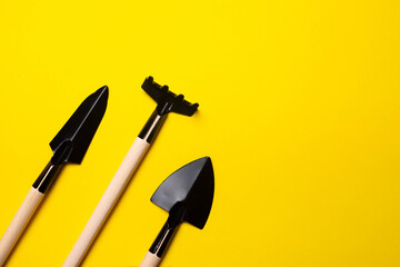 Garden shovels on a yellow background . Gardening layout. Spring planting. The care of plants. Work in the ground. . Copy space.