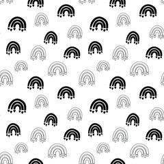 Rainbow seamless pattern, black and white hand-drawn arc doodle digital paper, abstract rainbows repeating background, the monochrome band of color vector wallpaper, cute bow decorative element