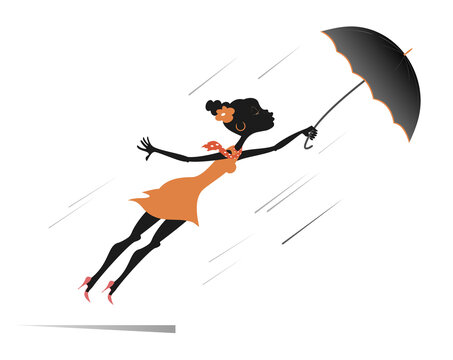 Windy weather, young African woman and umbrella isolated illustration. Pretty young African woman with an umbrella gone by the wind isolated on white
