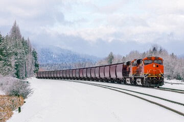 winter scene of locomotive pulling freight cars close to Whitefish, Montana with fresh snow in the foreground and surrounding foliage.