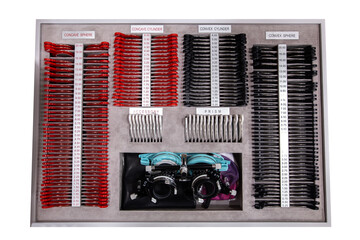 Vision correction. Ophthalmic equipment, a set of diopter lenses with a frame for the selection of...