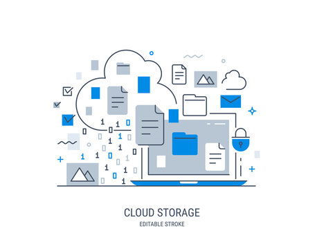 Modern vector illustration of cloud storage. Information sharing and saving. Editable stroke.