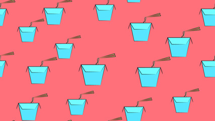 Seamless pattern japanese food. Takeaway carton box noodles with wok fried pork, chicken. blue carton food