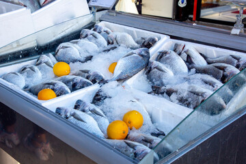 Street trading. Fresh fish lies on the ice counter of a fish shop.