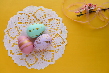 Easter card mockup. Easter eggs and willow twigs 