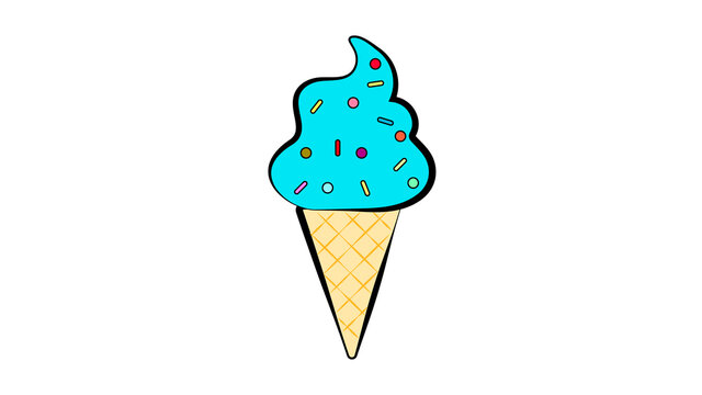 Melting ice cream balls in the waffle cone isolated on white background. flat outline icon. Comic character in cartoon style illustration for t shirt design