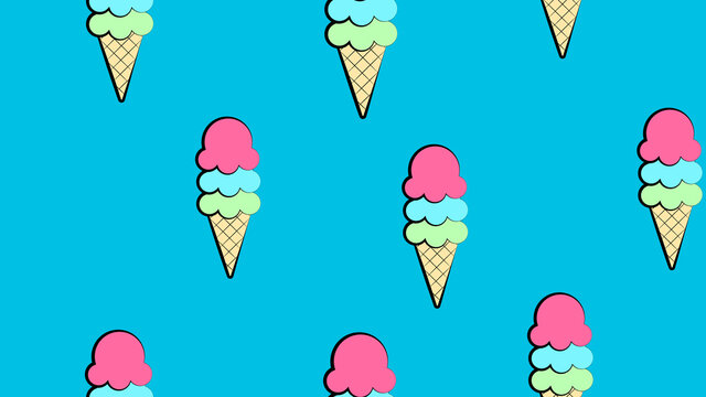 ice cream with several creamy balls on a blue background, volumetric illustration, pattern. milk ice cream, berry flavor. decor and decoration of kitchen and cafe, wallpaper for restaurant