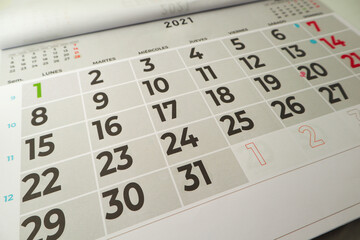 Close-up of a 2021 calendar sheet