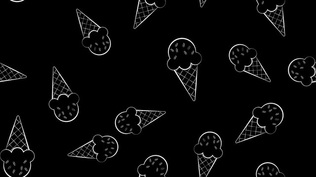 ice cream with berry balls in a waffle glass on a black background, illustration, pattern. wallpaper in the style of drawing with crayons. decor for kitchen, restaurant and cafe