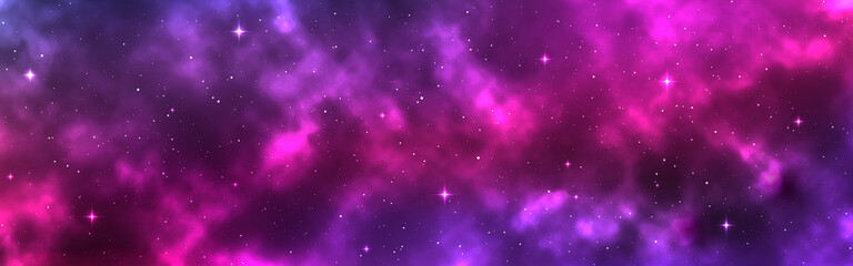 Space background wide. Cosmic backdrop with stars and nebula. Realistic cosmos with stardust. Magic colorful galaxy. Long milky way. Vector illustration