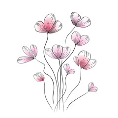 Pink flower with black lines on white background. Hand drawn vector illustration