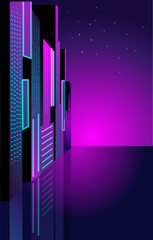 Fantastic city in the style of cyberpunk. Vector illustration in retro style in neon colors. Night city of the future. Vector template for a vertical banner.