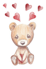 Hand drawn brown bear with heart, balloons
