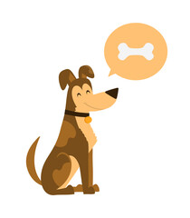 Obraz premium Cartoon brown dog sitting and thinking about the bone. dog in a funny style flat. Dear friend and pet. A pet with a large nose and tail