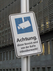 A video surveillance warning singn at the BaFin, Frankfurt