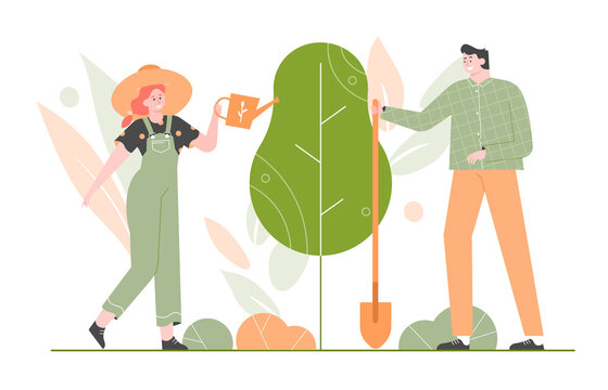 Forest restoration, reforestation planting new trees, environment day. Male and female characters with watering can and a shovel. Vector flat illustration.