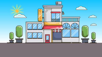 The hospital building with windows and lamps, trees nearby. Hospital building on a blue background with sun and clouds. Building in vector.