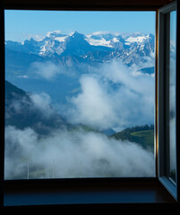 Rigi, Switzerland: Amazing view out of a window towards high mountains