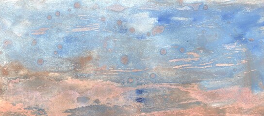 Watercolor background with dry brush texture in blue and dirty pink shades with drops. Background for cards.