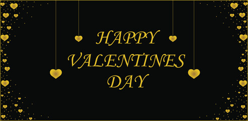 valentines, greeting card for valentines day, black background with gold border, decorated with hearts and dots in gold color on both sides, text happy valentines day in the center, with hearts 