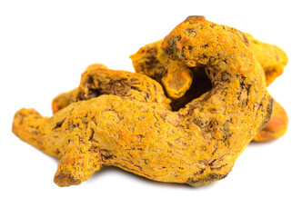 Dried Turmeric (Curcuma) Root. Culinary and Medicinal Ingredient. Isolated on White Background.