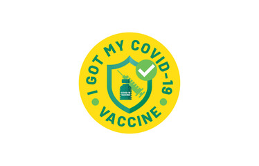 Sticker round and bage with text I got may covid vaccine. Shield avoid covid-19 coronavirus
