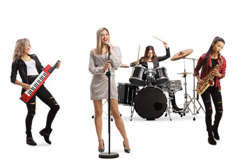 Female music band with a drummer, sax player, keaytar player and a front singer