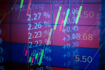 Stock market data on digital LED display. Fundamental and technical analysis with candle stick graph chart of stock market trading to represent about Bullish and Bearish point.