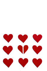 Set of red hearts on white background, saint valentine's day symbol