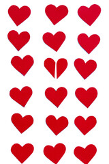 Set of red hearts on white background, saint valentine's day symbol