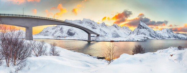 Captivating morning view of  Fredvang cantilever bridges at sunrise.