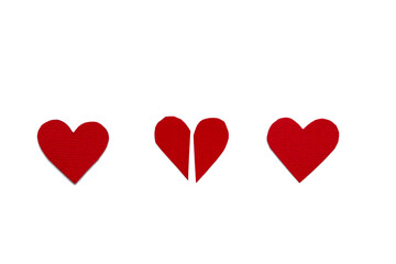 Three red hearts in a row on white background, saint valentine's day symbol
