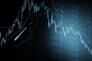 Stock market data on digital LED display. Fundamental and technical analysis with candle stick graph chart of stock market trading to represent about Bullish and Bearish point.